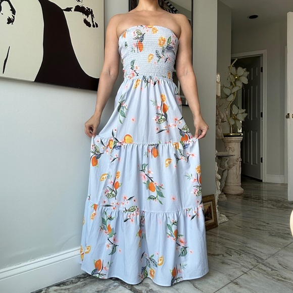 Sky Blue and Orange Tree Patterned Maxi Strapless Dress - Picture 3 of 6